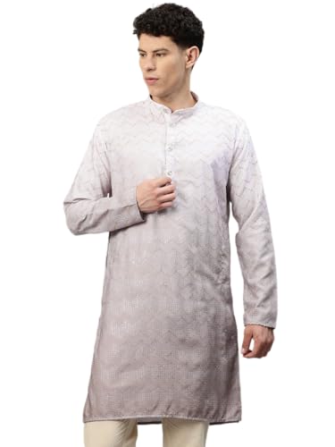 Image of Luxrio Men's Ombre Shaded Sequence Self Embroidered Textured Long Kurta Full Sleeves - Casual Ethnic Wear