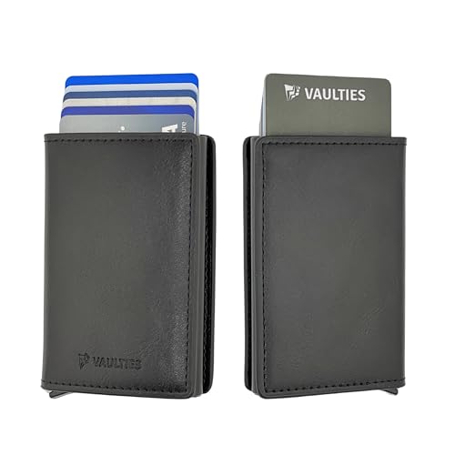 Vaulties - Men’s Leather RFID Wallet – Slim Aluminum Automatic Pop-Up Card Holder with 8 Card Slots, and RFID Blocking for Credit Card Protection (Black)
