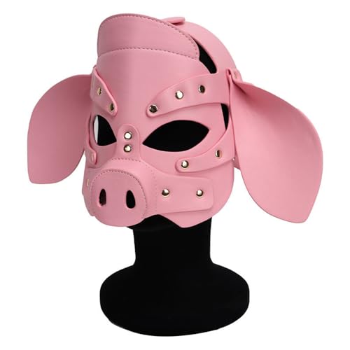 Dermica Adults PU Leather Pig Hood Mask Cosplay Pig Full Face Pullet Hood Mask Suitable for Head Circumference 23-27 inch (Leather Pink)