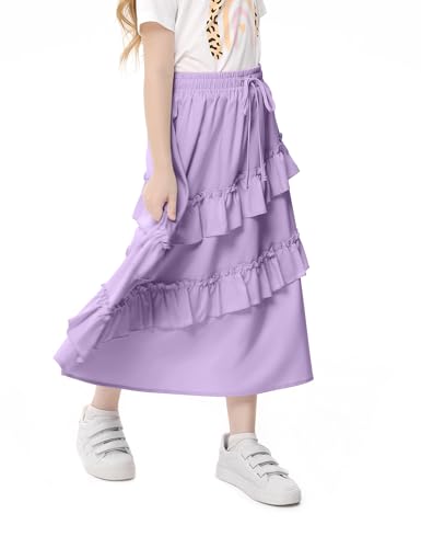 Image of Girls High Waisted Ruffle Maxi Skirt Soft Cotton Long Skirts with Elastic Waistband for Kid Girl 3-12 Years
