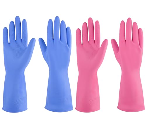 Protege tus manos de los químicos con estos guantes de lavado de platos de goma azul y rosa