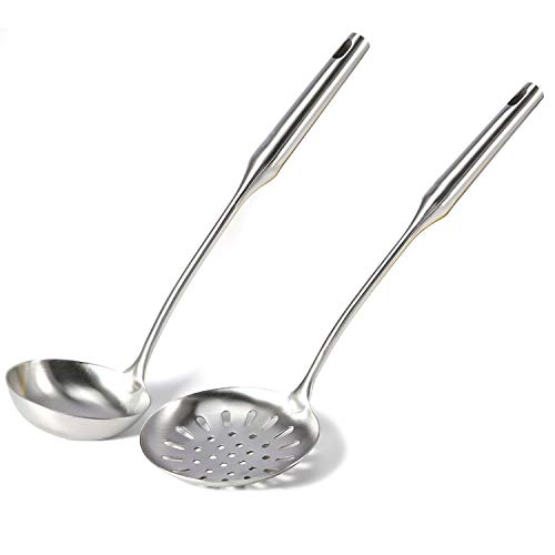 Jucoan 2 Pack Large Skimmer Slotted Spoon and Soup Ladle Set 304 Stainless Steel Kitchen Utenstil Kit Cooking Spoon with Hang Hole Comfortable Grip Handle 145 Inches Long