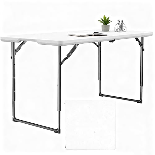 MAKE CHANGES Folding Table 48 x 24 - Heavy Duty Fold-in-Half Plastic Table with Adjustable Height Portable Utility Tables with Steel Legs for Indoor Outdoor Picnic Camping Dining Party (White)