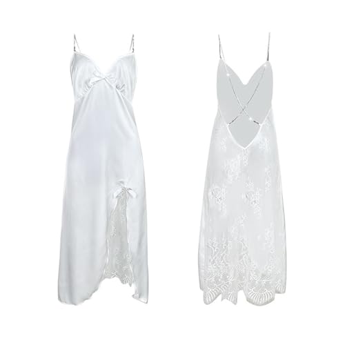 Robe de nuit fendue femme avec patchwork dentelle pour lune de miel et soirée romantique