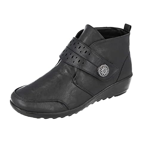 Cushion Walk Ladies Touch Close Strap Laser-Cut Detail Low Wedge Ankle Boots Black UK 6 Cover