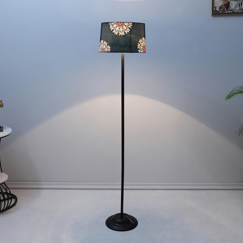 Image of tu casa Black Metal-Iron Base Foldable Floor Lamps with French Floral Print & Satin Shade for Bedroom, Living Room, Lounge, Office Area, Gifting Without Bulb for Home Decoration (Height - 53 inch)