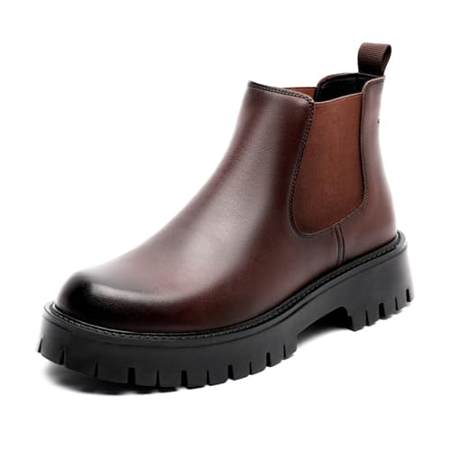 Men's Genuine Leather Elastic Panels Platform Chunky Heel Chelsea Boots Fashion Round Toe Slip On Lug Sole Warm Dress Ankle Boots for Business Work