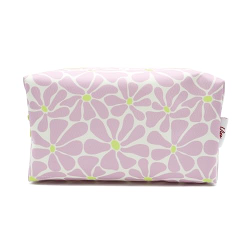 PONETTE - Neceser Mujer Vive Grande de Tejido con Estampado de Flores Lila Cremallera y Botones Flores Flúor, Ideal, Viaje, Piscina, Gimnasio, Estuche, Bolsa de Aseo, Marca Española