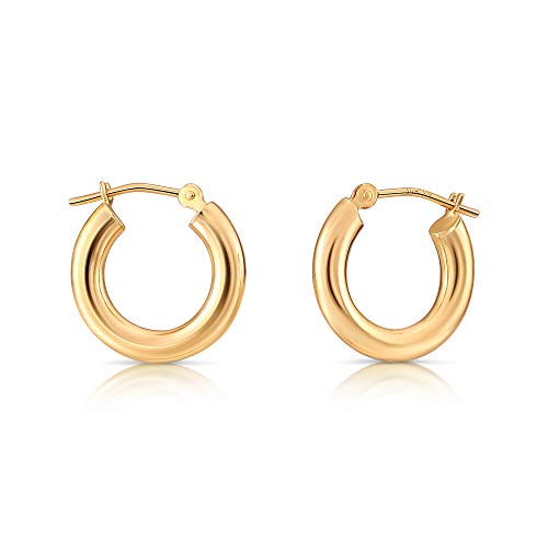 14k Yellow Gold Classic Shiny Polished Round Hoop Earrings, 3mm tube