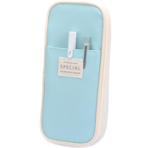 Image of Large Capacity Big Special Cute Aesthetic Preppy Canvas Pencil Case Organizer Holder Pouch Bag with Zipper Compartments, Pen Cases for Women Girls School Adults (Sky Blue)