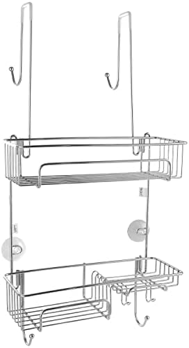 Shower Caddy over The Door, Stainless Steel Shower Caddy Organizer with Hooks for Razor, Bath Sponge & Towel, No Drilling, Heavy Duty/Rust Resistant Shower Caddy Storage Shelf for Bathroom/Toilet Room