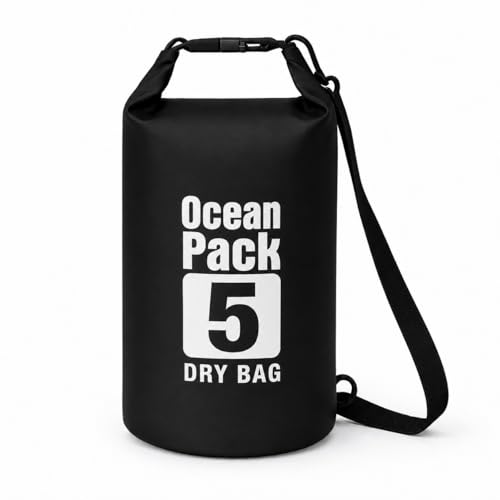 Bolsa Estanque Impermeável 5L com Fechamento Roll-Top e Presilha, Proteção contra Água, Areia e Poeira para Praia, Camping, Trilha e Caiaque (Preto)