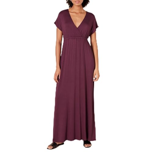 Image of Amazon Essentials Women's V Neck Short Sleeve Empire Waist Maxi Dress, Burgundy, Small