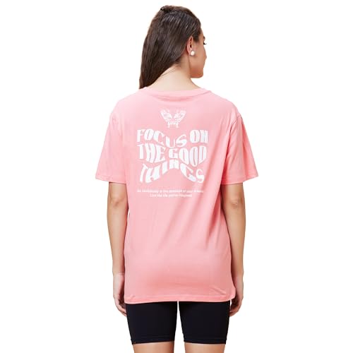 Image of Globus Women Pink Boxy Fit Typography Cotton T-Shirt-3639407001