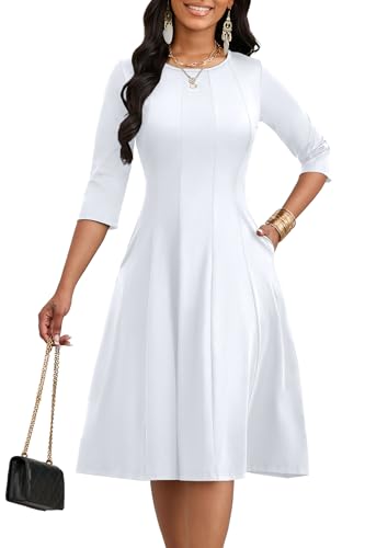 CLOCOR Casual Midi Dresses for Women A-Line Fit and Flare Elegant Church 3/4 Sleeve Crew Neck Dress with Pocket2