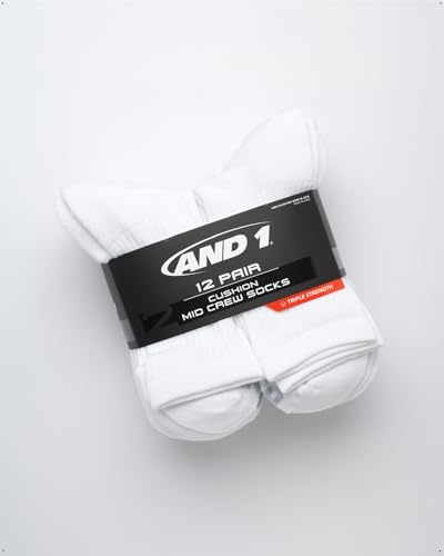 AND1 Men's Mid Crew Socks - 12 Pack Moisture Control Performance Cushioned Short Athletic Socks for Men (Shoe Size: 6-12.5)2