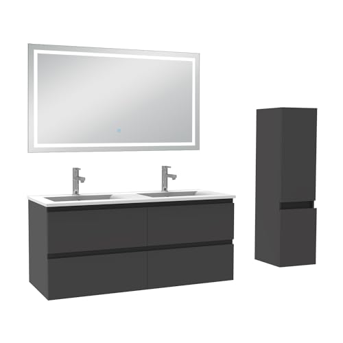 AICA Ensemble Meuble Salle de Bain 120cm Double Vasque avec Colonne et Miroir 3 Couleurs Anthracite