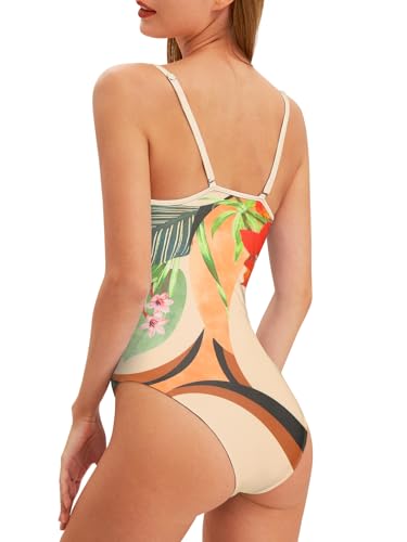 Women's One Piece Swimsuit with Beach Cover Up Retro Floral Print Bathing Suits with Coverup Set Sarong Wrap Swim Suit 1 Piece Swimwear Set with Matching Skirt Beige Floral Large3