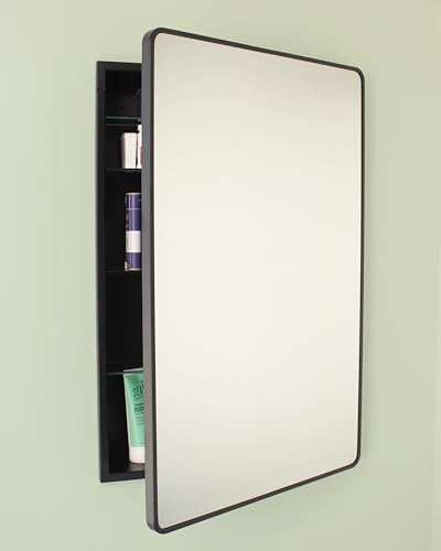 Image of 20x30 Austin Farmhouse Metal Framed Rounded Rectangle Recessed Bathroom Medicine Cabinet, Beveled Mirror, 18x28 in-Wall Opening, powder-coated Steel, Adjustable Glass Shelves, Magnet Close, Black