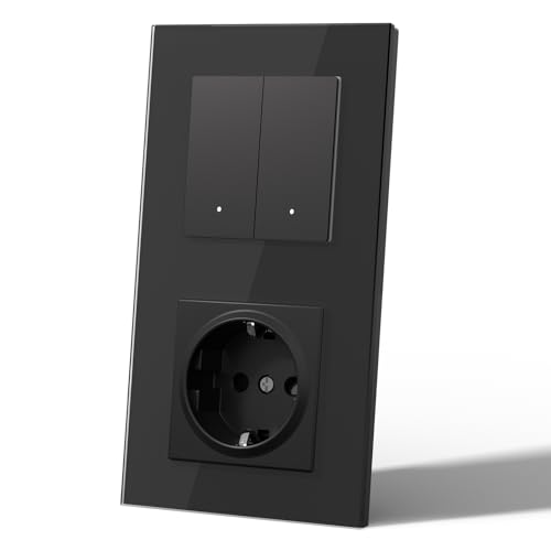 MVAVA Interruptor Inteligente con Clic,WIFI Interruptores de Luz Con Cristal,Compatible con Alexa/Tuya/Smart Life,Requiere Cable Neutro,2 Gang 1 Vía con Enchufe,157mm Negro