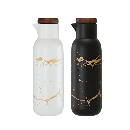 Danmu 2 Pack Ceramic Oil and Vinegar Soy Sauce Maple Syrup Dispenser Bottle for Kitchen 380ml (Black + White)