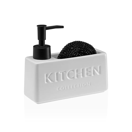 Distributeur de savon avec porte-éponge – Design moderne et fonctionnalité pour votre cuisine (blanc)