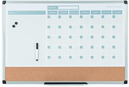 MasterVision Magnetic Dry Erase Monthly Calendar Planner Push Pin Corkboard Combo with Marker Tray, 18" x 24", Gray Plastic Frame