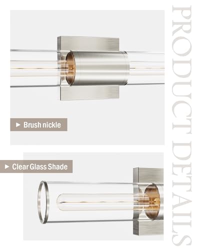 Image of 2 Pack Brushed Nickel Bath Vanity Light Fixtures, Indoor Wall Sconce Light with Cylinder Clear Glass Shade, Modern E26 Elegant Bathroom Wall Mounted Lighting for Bedroom Living Room Porch