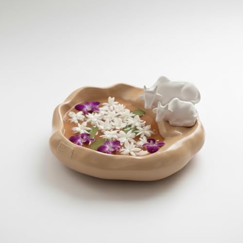 Image of eCraftIndia Pair of Cow Statue Urli Bowl for Home Decoration Office Tv Unit (Resin Light Brown) Showpiece for Good Luck Urli for Floating Candles Flowers.