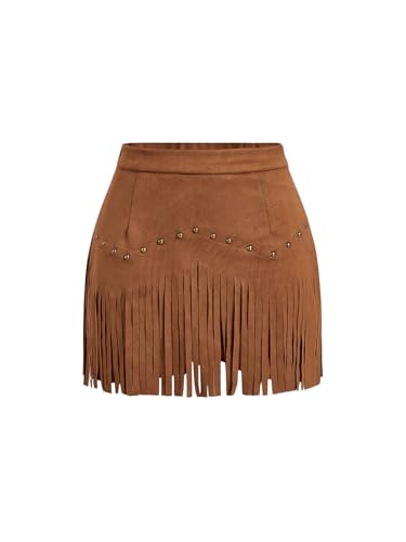Floerns Women's Rivet Tassel Trim Hippie Mini Skirt High Waist Western A Line Skirt