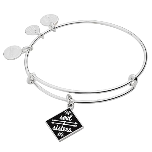 Alex and Ani Soul Sisters Expandable Bangle Bracelet for Women Friendship Inscription Charm Shiny Silver Finish 2 to 3.5 in