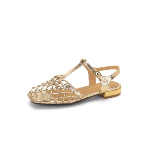 Mesh Mary Jane Flats for Women Gold Hollow Sandals Slip on House Slippers Wide Sparkly Dress Shoes Square Toes T-Strap Slingback Retro Lightweight Breathable Summer Casual Walking Slides Low Heels