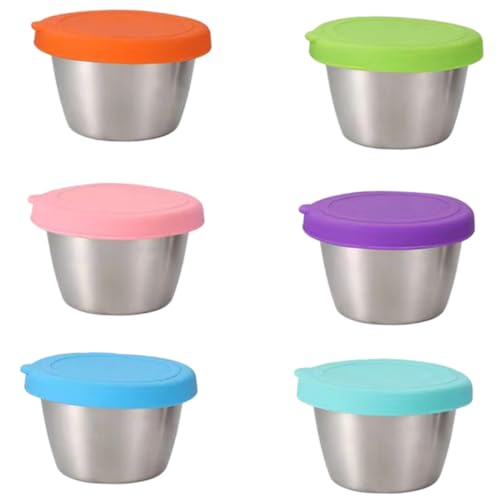 LIFKOME 6pcs Sauce Cup with Lid Mini Dessert Cups Metal Sauce Dish Sushi Soy Dipping Bowls Sushi Dipping Saucers Salad Dressing Container Vinegar Dish Spices Stainless Steel Household