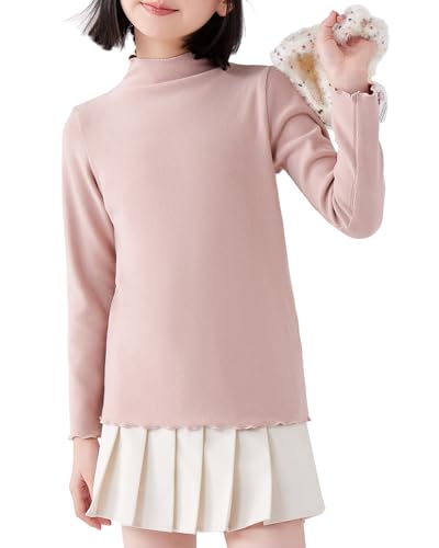 Image of ACESTAR Girls Solid Lettuce Trim Mock Neck Shirt Long Sleeve Slim Fit Ribbed Knit Tee Ruffle Tops Soft Base Layer