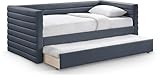 Meridian Furniture BeverlyNavy-T Beverly Collection Modern | Contemporary Twin Daybed with Soft Navy Premium Vegan Leather, Deep Channel Tufting, Twin Trundle, 87' W x 43.5' D x 34' H, Navy