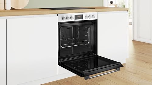 Bosch HND411LW63, Einbau-Herd-Set, Einbau-Herd 60 cm, HEA513BS3, Serie 4, 3D Heißluft, Einfache Bedienung, Weiß & Elektro-Kochfeld 60 cm, NKN645GA2E, Serie 4, Herdgesteuert, 21cm Kochzone, Mit Rahmen
