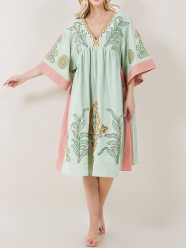 Image of Joiemont Womens Oversized Floral Embroidered Long Dress with V-Neck and 3 /4 Sleeves Vintage Embroidery Babydoll Dress