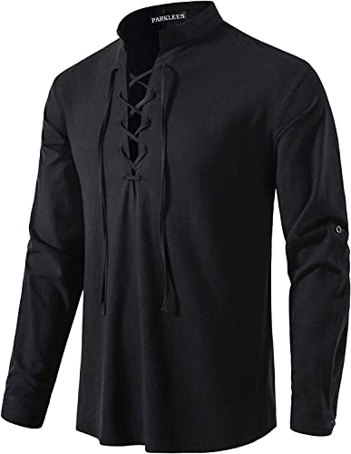 PARKLEES Herren Retro Baumwolle Freizeithemd Langarm Schnürbare Hemden Mittelalterlich Piraten Kostüm für Halloween PPPA275 Schwarz L
