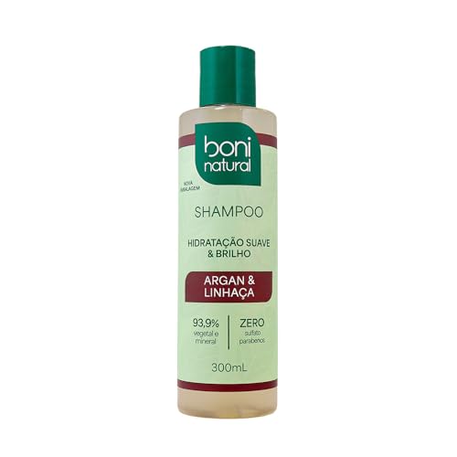 Shampoo Vegano e Natural de Argan e Linhaça, Para todos os tipos de cabelo, Hidratação e Brilho, Boni Natural, 300ml