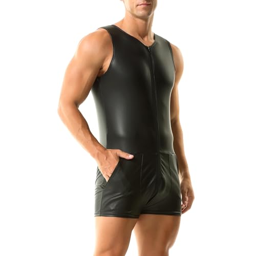 QiaTi Herren ärmellose kurze Hose Leotard Zip Strumpfhose Kunstleder Bodysuit mit 2 Taschen für Casual Club
