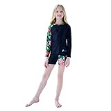 Ovovod Girls Swimsuit Two Piece Rash Guard Set for 4-14 Years UPF 50+ UV Protective Long Sleeve Swimwear Black/Flower