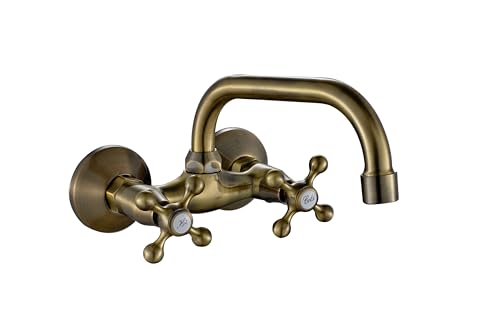AQG - Grifo de Pared para Fregadero Athos | Caño Giratorio 360º, Doble Maneta Vintage | Montaje en Pared | Estilo Retro Clásico (Bronce)