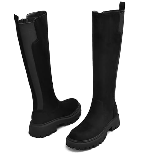 Image of TEAIEU Knee High Boots for Women, Platform Chunky Block Low Heel Tall Boots, Round Toe Side Zipper Fall Long Boots for Dress, Stretch Calf, Comfortable