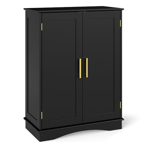 Tangkula Bathroom Floor Storage Cabinet, 31.5' H Freestanding Pantry Cabinet with 2 Doors and Adjustable Shelves, Kitchen Cupboard for Living Room, Dining Room, Bathroom (Black, 31.5' H)