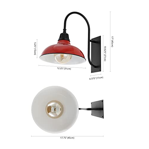 Image of JONATHAN Y 12.25 inch Red /Black 1-Light Farmhouse Gooseneck Outdoor Wall Sconce Lamp, with Black Metal Bowl Shade, Industrial Iron LED Porch Light for Patio Garage Entryway (JYL7614E)