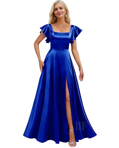Image of IIF Short Sleeve Bridesmaid Dresses with Pockets Square Neck A-Line Satin Prom Gown Dress for Women with Slit IIF134