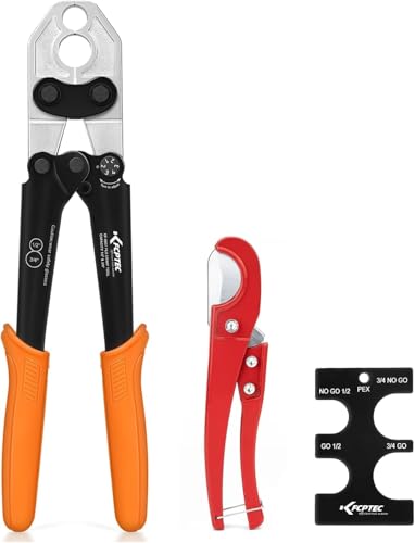 KF CPTEC PEX-B Crimping Tool, Heavy-Duty Forged Steel with Tubing Cutter, Compatible with Copper Crimp Rings (1/2” & 3/4”) - Includes Go/No-Go Gauge, ASTM F1807 Certified Plumbing Tool