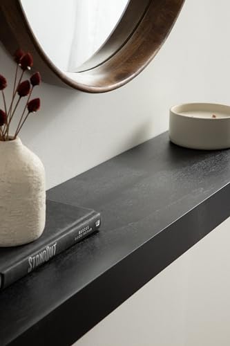 Image of Kate and Laurel Havlock Modern Natural Floating Shelf; 36 x 8; Black; Functional Bathroom and Kitchen Shelf for Storage and Display of Picture Frames or Plants
