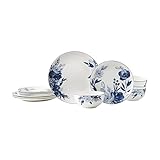 Mikasa Darcy Bone China Lightweight Chip Resistant 12 Piece Dinnerware Set, Service for 4,Blue and White