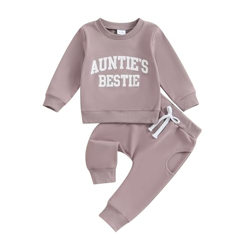 Lamuusaa Toddler Baby Girl Boy Outfit Auntie's Bestie Crewneck Sweatshirt Jogger Pants 2Pcs Fall Clothes 0-3T (Purple, 18-24 Months)
